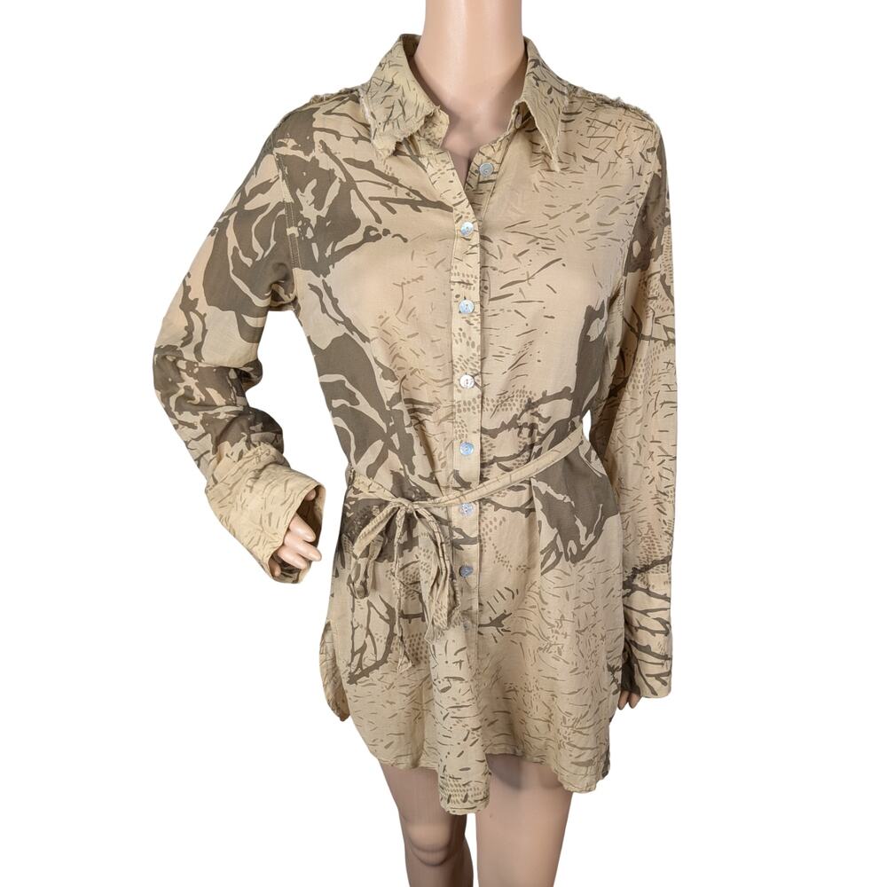 Vintage Y2K Da-Nang Silk Cotton Camo Cargo Tunic Shirt Distressed Belted M